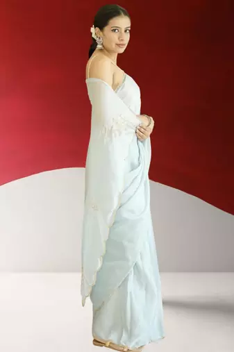 blue georgette saree with hand zardoshi work & navy blue velvet blouse piece
