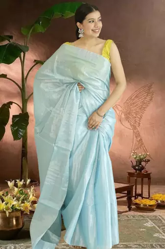 blue glass tissue silk blend saree