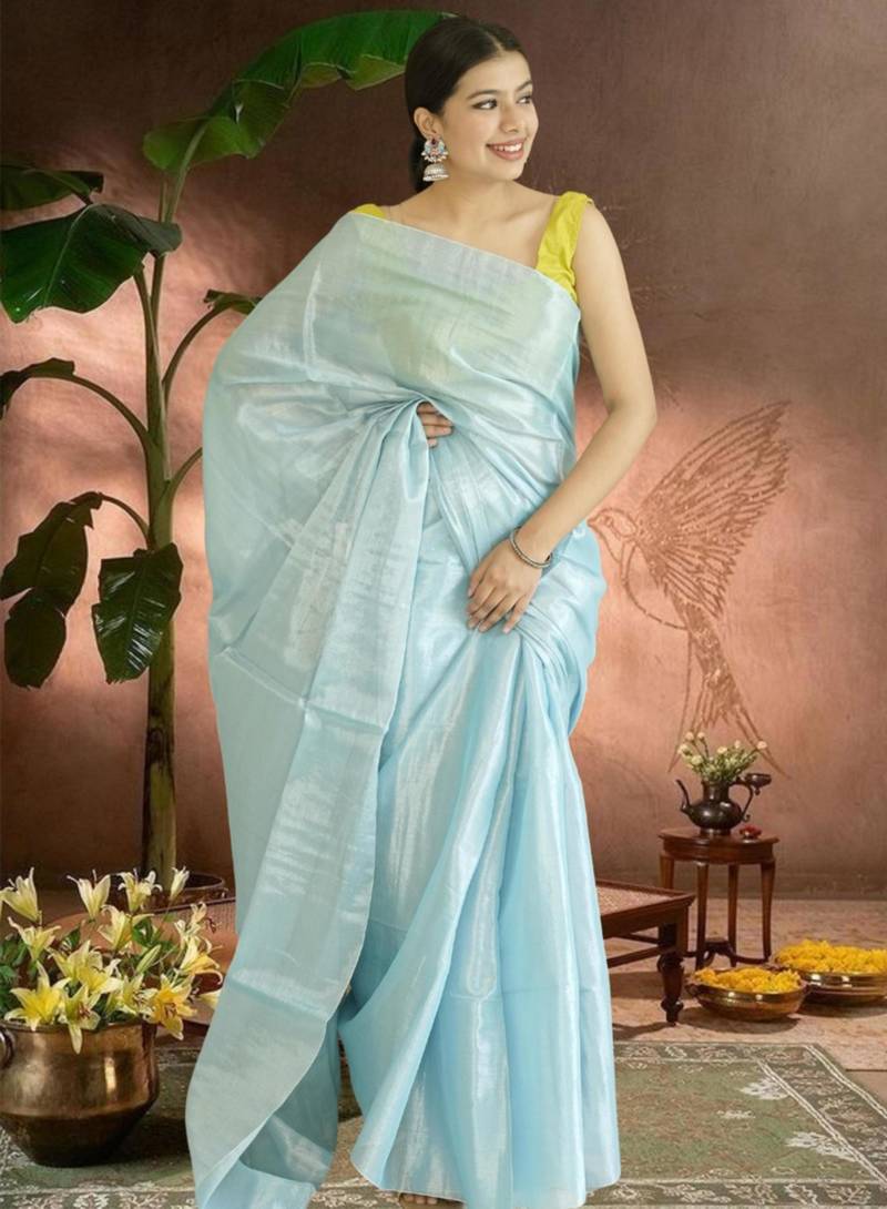 blue glass tissue silk blend saree