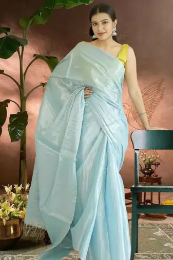blue glass tissue silk blend saree
