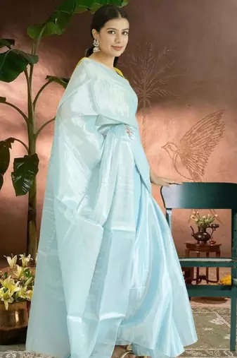 blue glass tissue silk blend saree