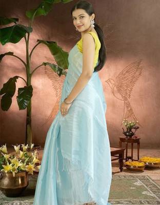 blue glass tissue silk blend saree 4
