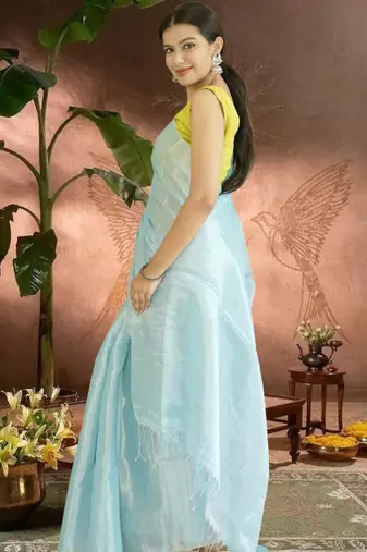 blue glass tissue silk blend saree