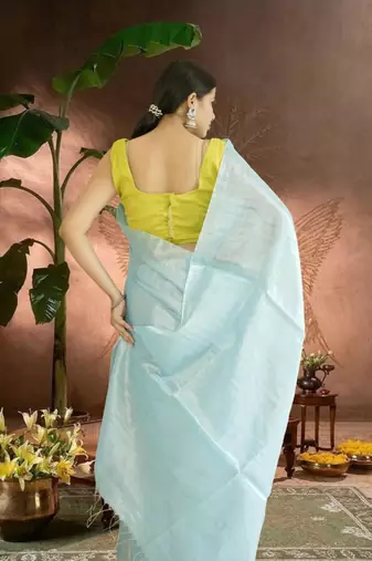 blue glass tissue silk blend saree