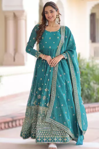 Blue sequins embroidered Anarkali with dupatta