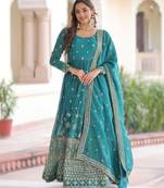 Blue sequins embroidered Anarkali with dupatta