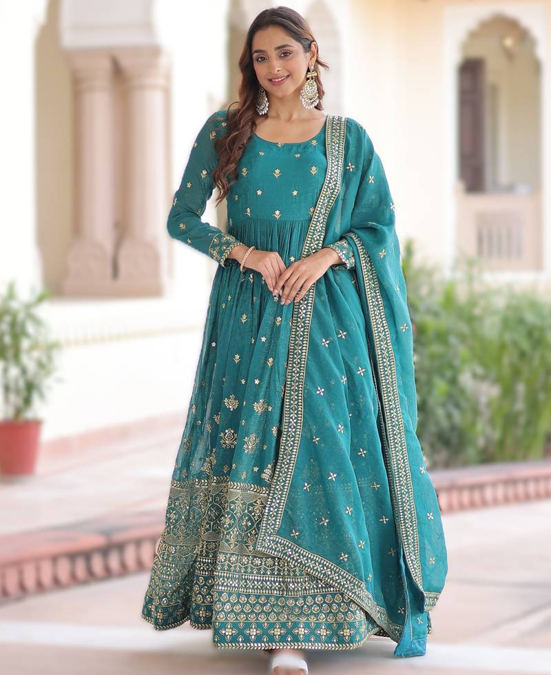 Blue sequins embroidered Anarkali with dupatta