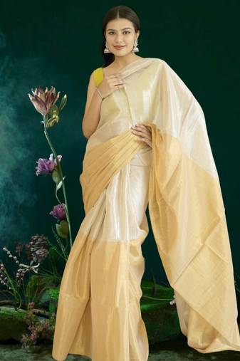 ivory & gold glass tissue silk blend saree