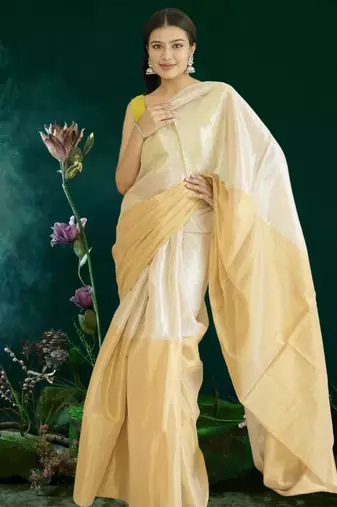 ivory & gold glass tissue silk blend saree