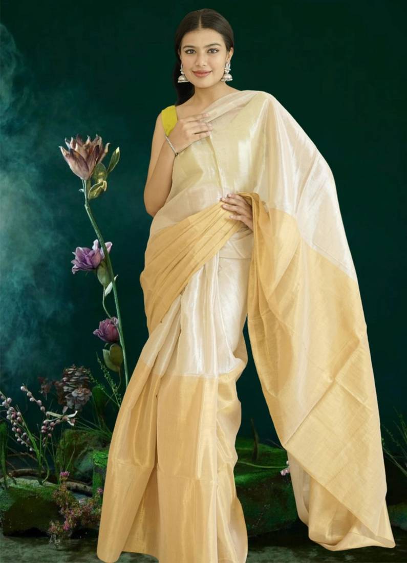 ivory & gold glass tissue silk blend saree