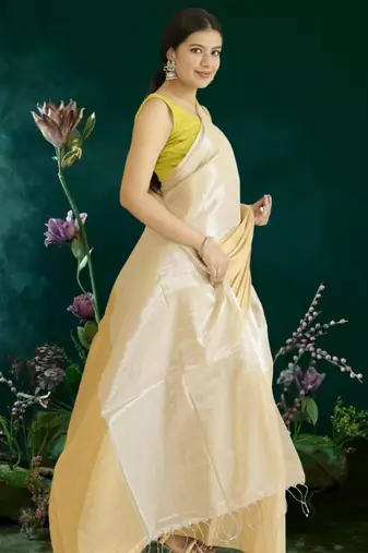 ivory & gold glass tissue silk blend saree
