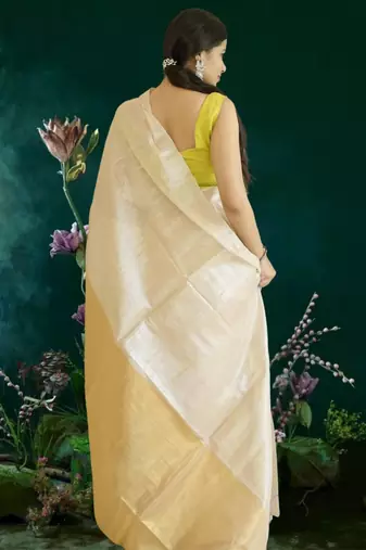 ivory & gold glass tissue silk blend saree