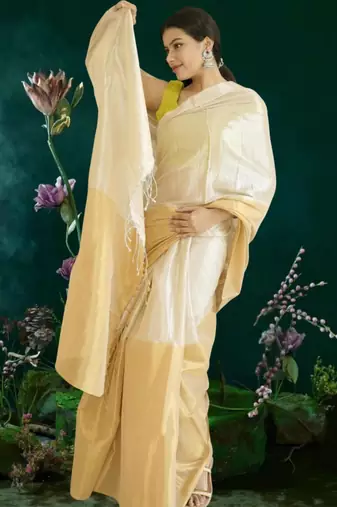ivory & gold glass tissue silk blend saree