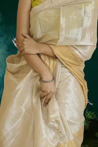 ivory & gold glass tissue silk blend saree