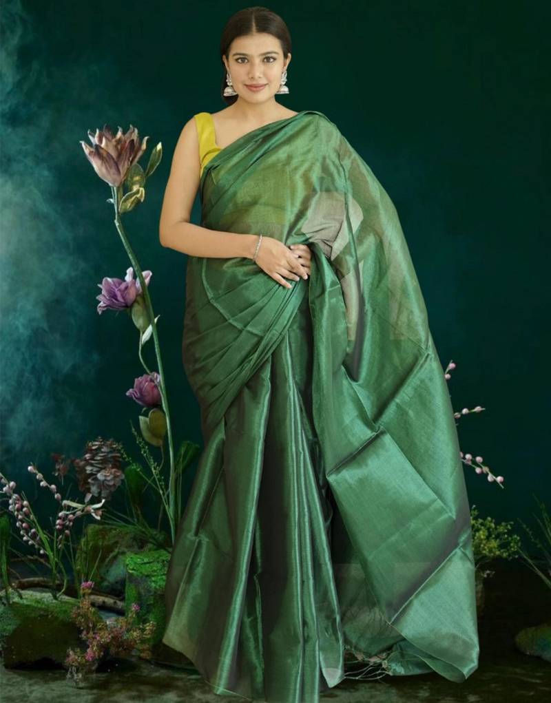 green glass tissue silk blend saree