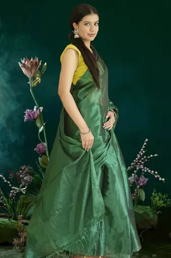 green glass tissue silk blend saree