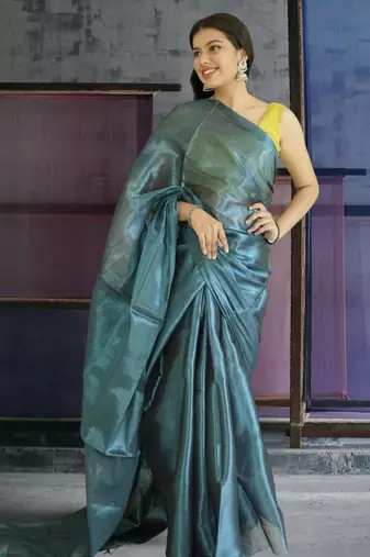 blue glass tissue silk blend saree