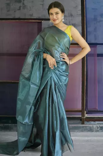 blue glass tissue silk blend saree