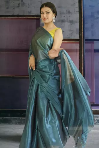 blue glass tissue silk blend saree