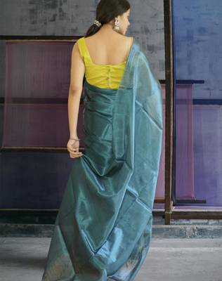 blue glass tissue silk blend saree 4