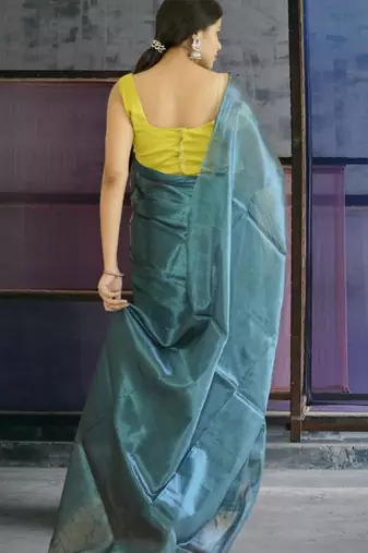 blue glass tissue silk blend saree