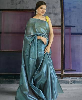 blue glass tissue silk blend saree 5