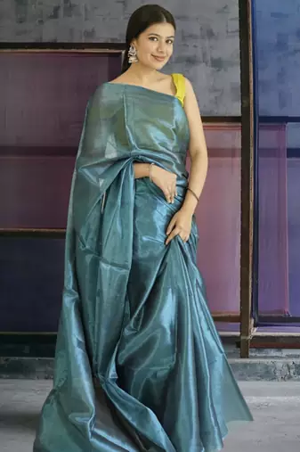 blue glass tissue silk blend saree