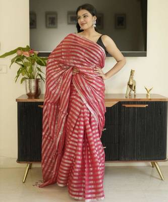 red saree with silver zari striped 1