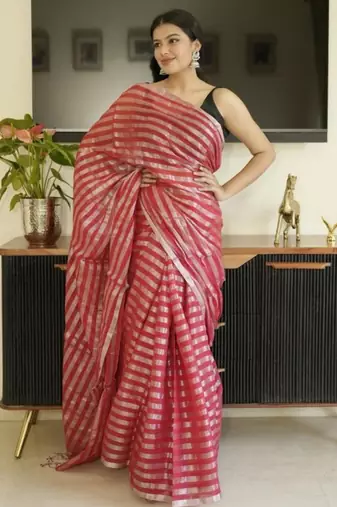 red saree with silver zari striped