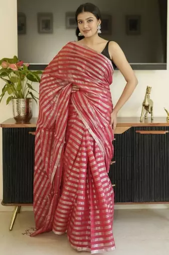 red saree with silver zari striped