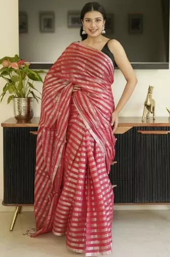 red saree with silver zari striped
