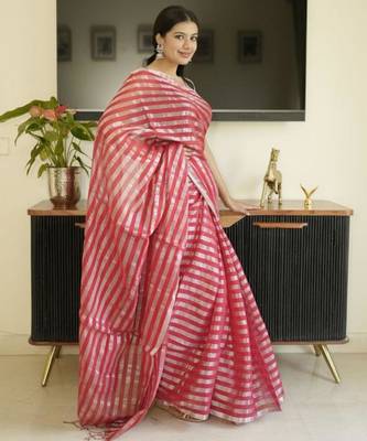 red saree with silver zari striped 4