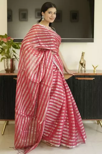red saree with silver zari striped