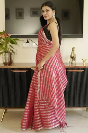 red saree with silver zari striped