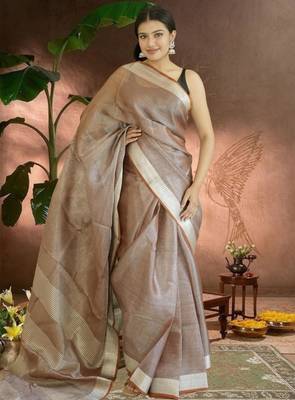 chocolate brown tissue linen saree with zari border 1