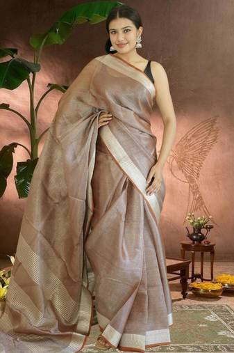 chocolate brown tissue linen saree with zari border