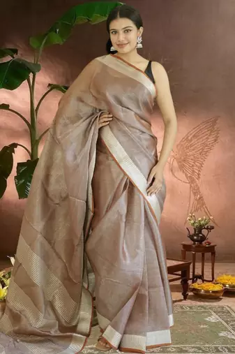 chocolate brown tissue linen saree with zari border
