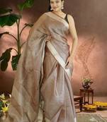 chocolate brown tissue linen saree with zari border