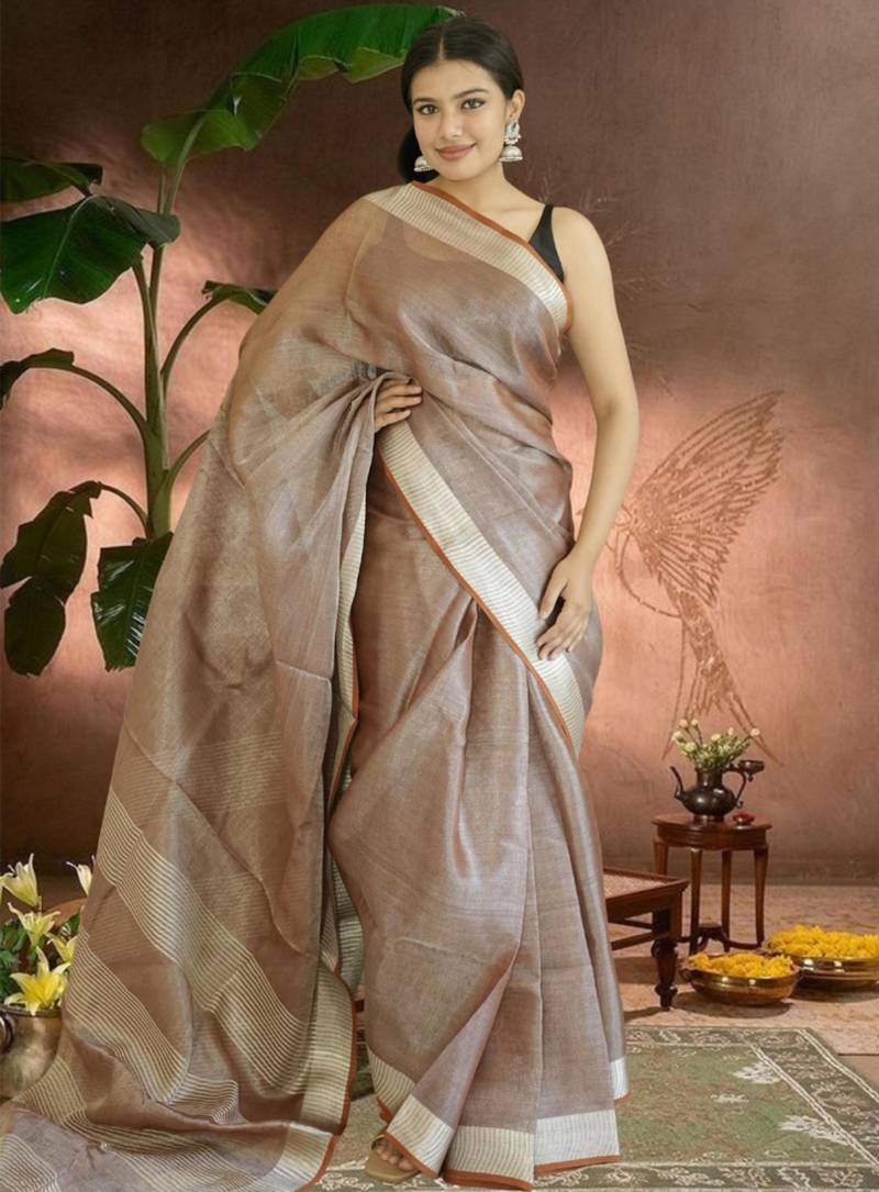 chocolate brown tissue linen saree with zari border