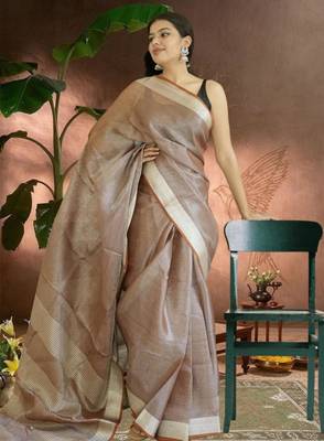 chocolate brown tissue linen saree with zari border 2