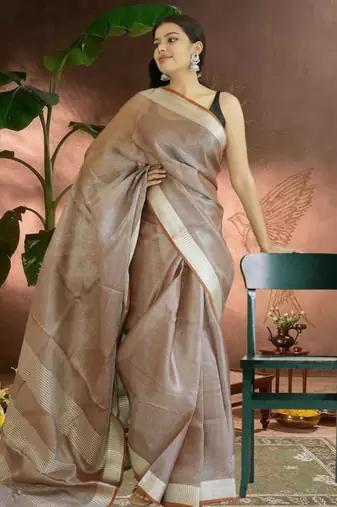 chocolate brown tissue linen saree with zari border