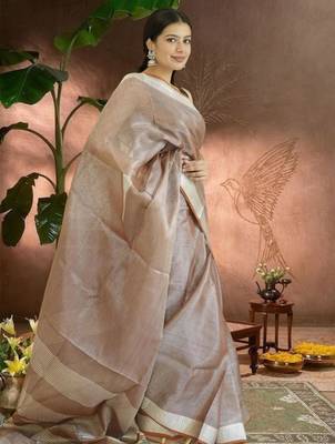 chocolate brown tissue linen saree with zari border 3
