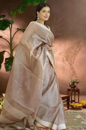 chocolate brown tissue linen saree with zari border