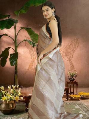 chocolate brown tissue linen saree with zari border 4