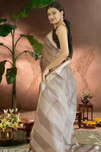 chocolate brown tissue linen saree with zari border