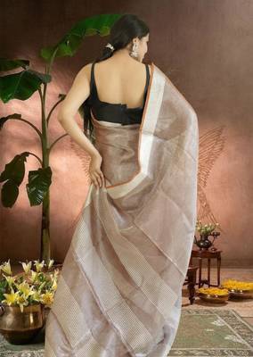 chocolate brown tissue linen saree with zari border 5