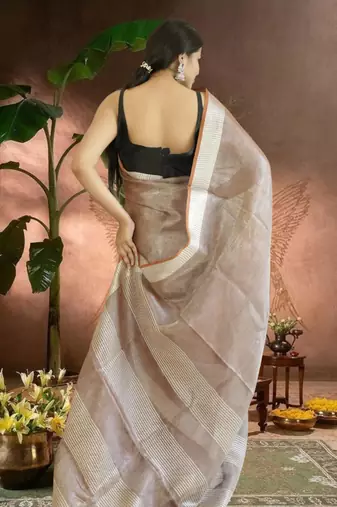 chocolate brown tissue linen saree with zari border
