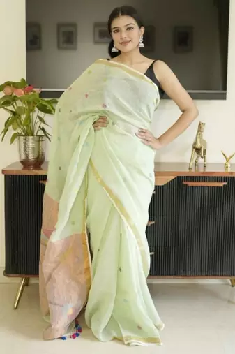 green paithani linen saree with hand embroidery