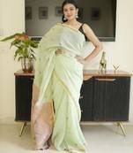 green paithani linen saree with hand embroidery
