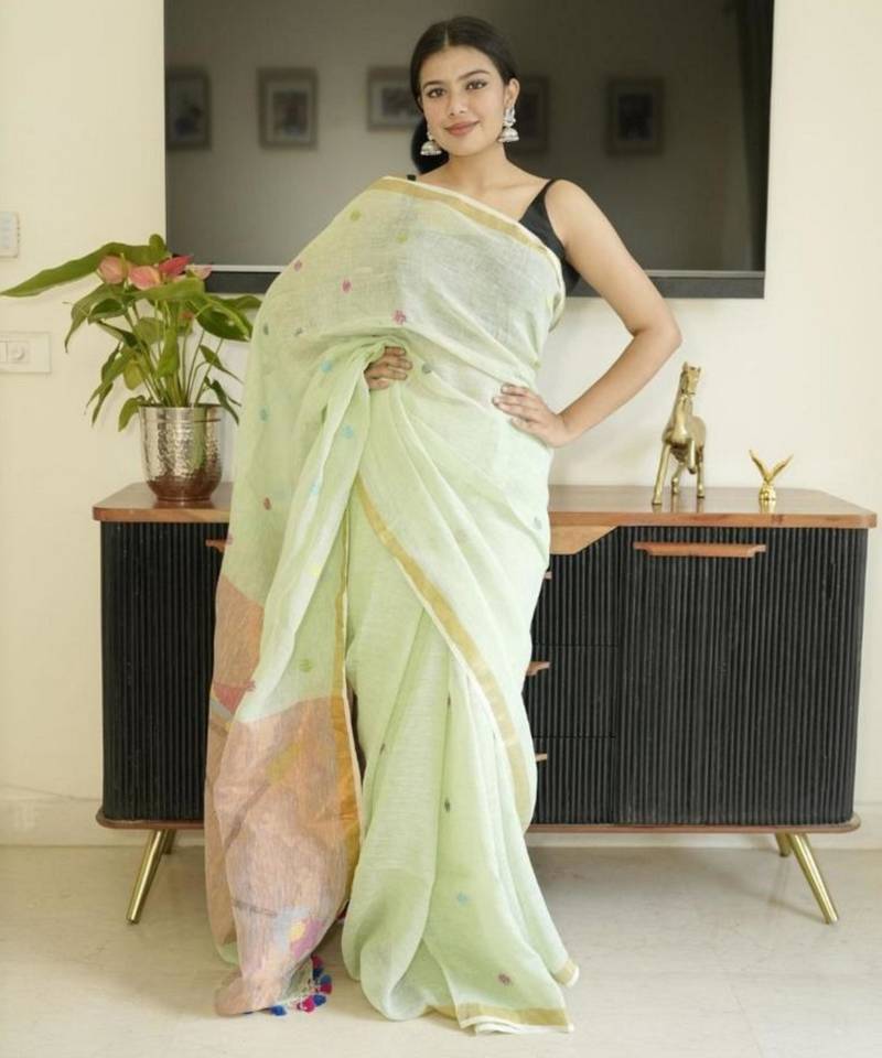 green paithani linen saree with hand embroidery